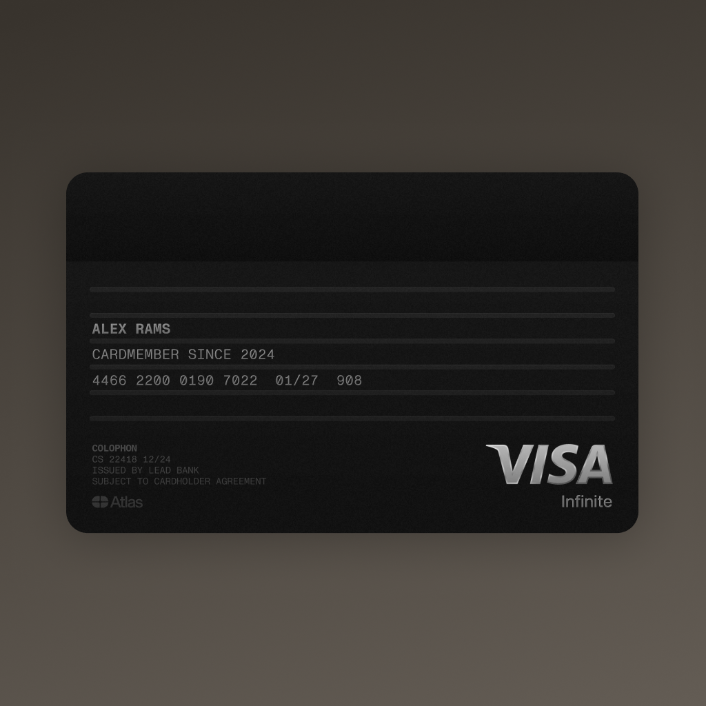 An image of the back of an Atlas card, highlighting that there is no visible card number for added security.