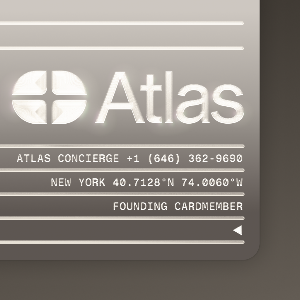 A close-up detailed image, highlighting the detailed engravings and mirror-like polished steel surface of an Atlas card.